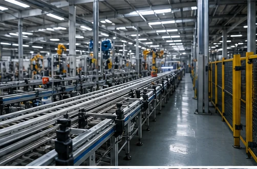 Línea de producción con transportadores instalada dentro de una nave industrial