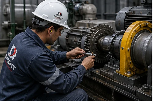 Técnico de DIMONT midiendo un reductor y su acoplamiento durante mantenimiento