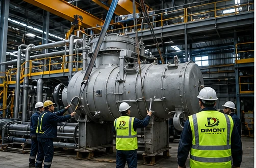 Cuadrilla de DIMONT posicionando un recipiente industrial durante un montaje